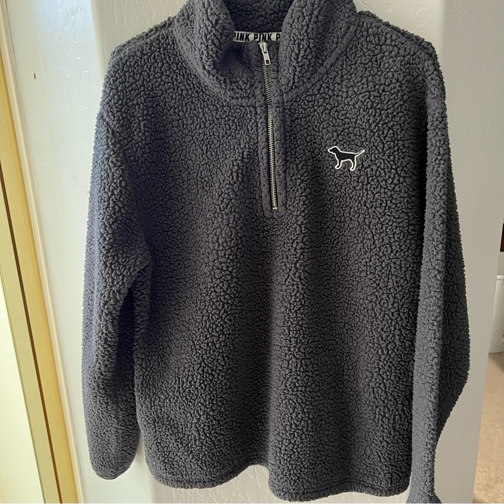 Victorias Secret PINK Navy Teddy Bear/Sherpa 1/4 Zip Logo Sweater, Size M